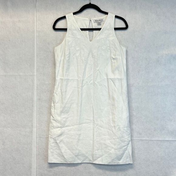 TOMMY BAHAMA Dress XS White Linen Sleeveless Embroidered Lined V-Neck Pockets - Picture 1 of 11